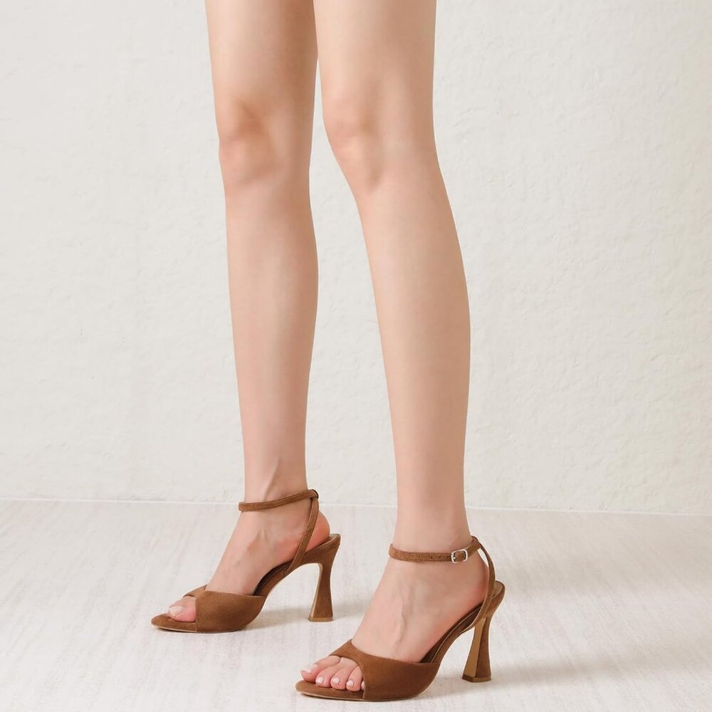 Women's Open Toe Strappy Block Ankle Strap Hight Heeled Sandals Dark Brown Shoes - Picture 7 of 9